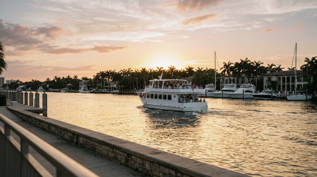 Golden sunset light over the Fort Lauderdale Intracoastal Waterway showing the best time of year for a sunset boat trip