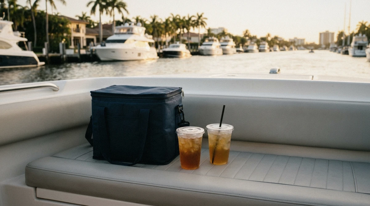 A cooler of drinks and glasses set on a boat deck rail during a Fort Lauderdale evening cruise with the Intracoastal in the background