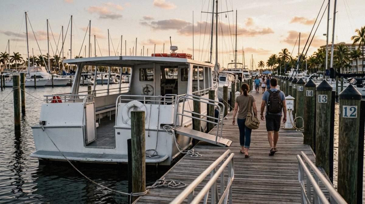 Passengers walking down a marina dock toward a docked Fort Lauderdale sunset cruise boat at dusk