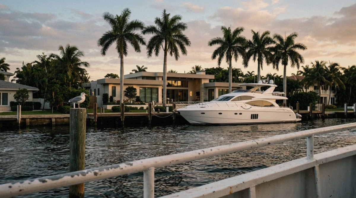 Waterfront estate on Millionaires Row Fort Lauderdale viewed from a sunset boat tour along the Las Olas Isles