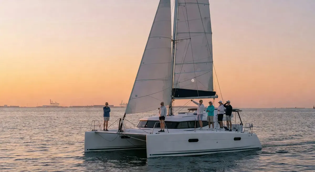 The Spirit of Lauderdale sailing catamaran under full sails at sunset on a Fort Lauderdale catamaran cruise fort lauderdale, twin hulls cutting through golden Atlantic Ocean water