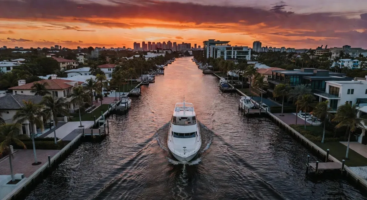 Fort Lauderdale intracoastal waterway at sunset with a cruise boat silhouetted against the orange and purple sky and city skyline