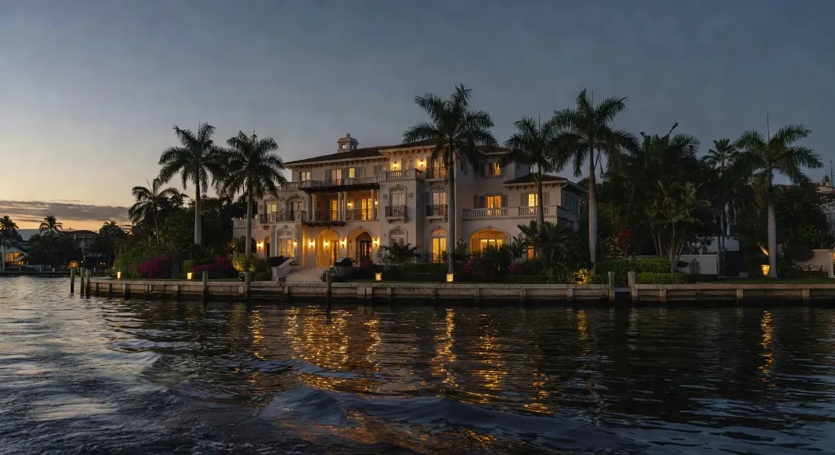 Illuminated waterfront mansion on Las Olas Isles Fort Lauderdale viewed from a sunset cruise boat at night, lights shimmering on calm intracoastal water