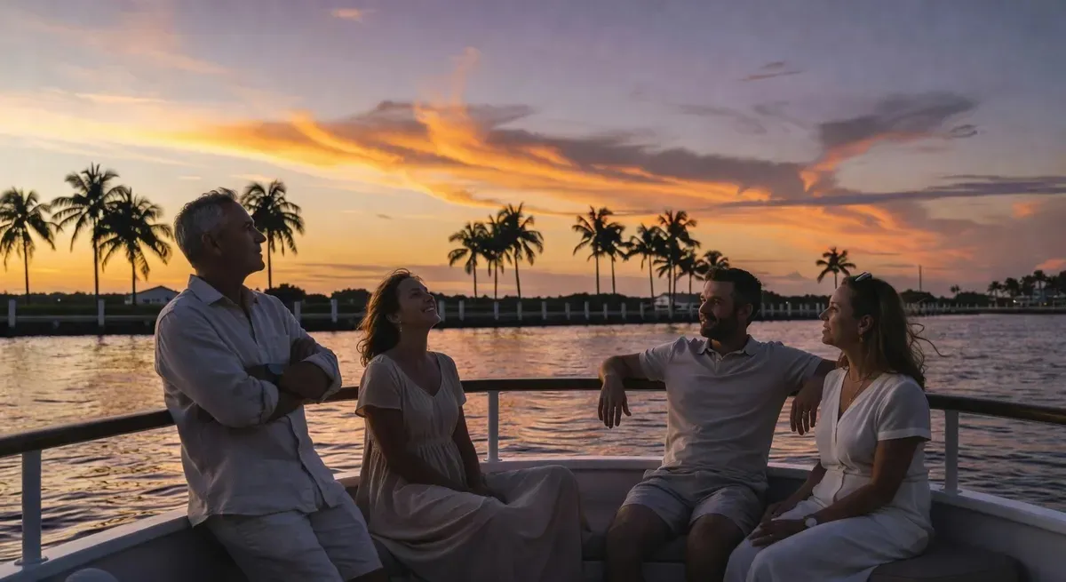 Guests boarding a Fort Lauderdale sunset cruise boat at a marina dock with the evening sky over the Intracoastal